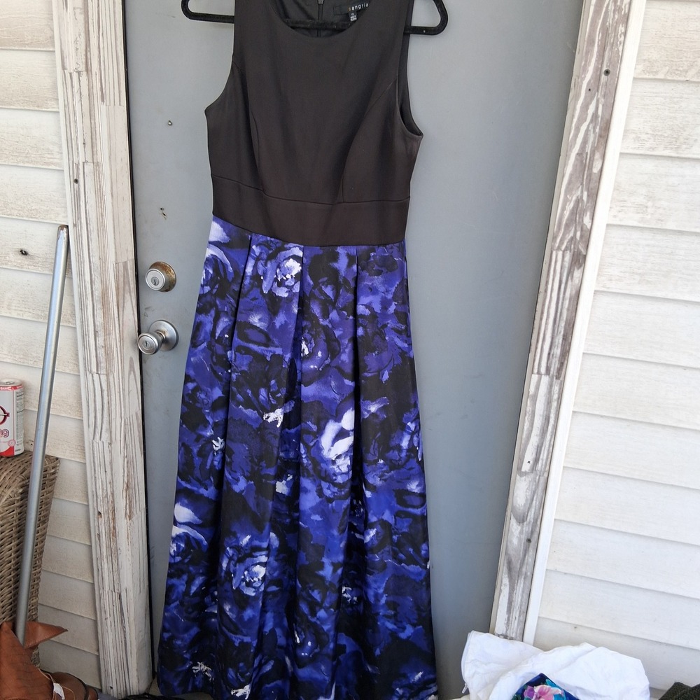 Sangria Womens Black Purple Blue Floral Pleated Maxi Dress 10 Sleeveless Formal